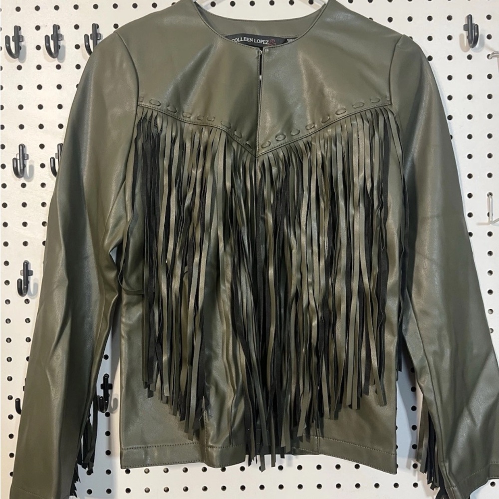 Colleen Lopez Olive Fringe Jacket XXS